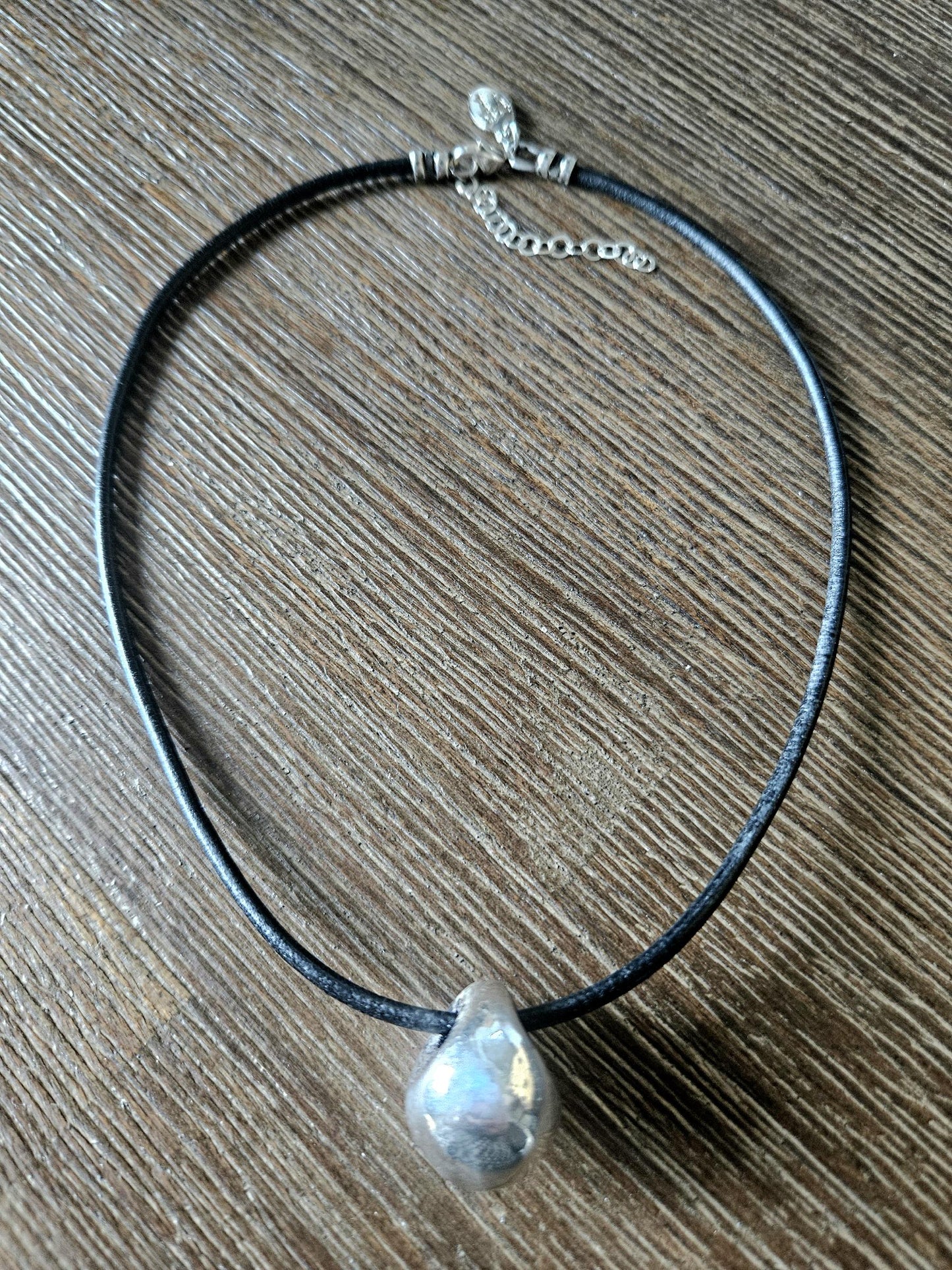 Silver Pendant Necklace: Black Leather, Handmade Ceramic Bead