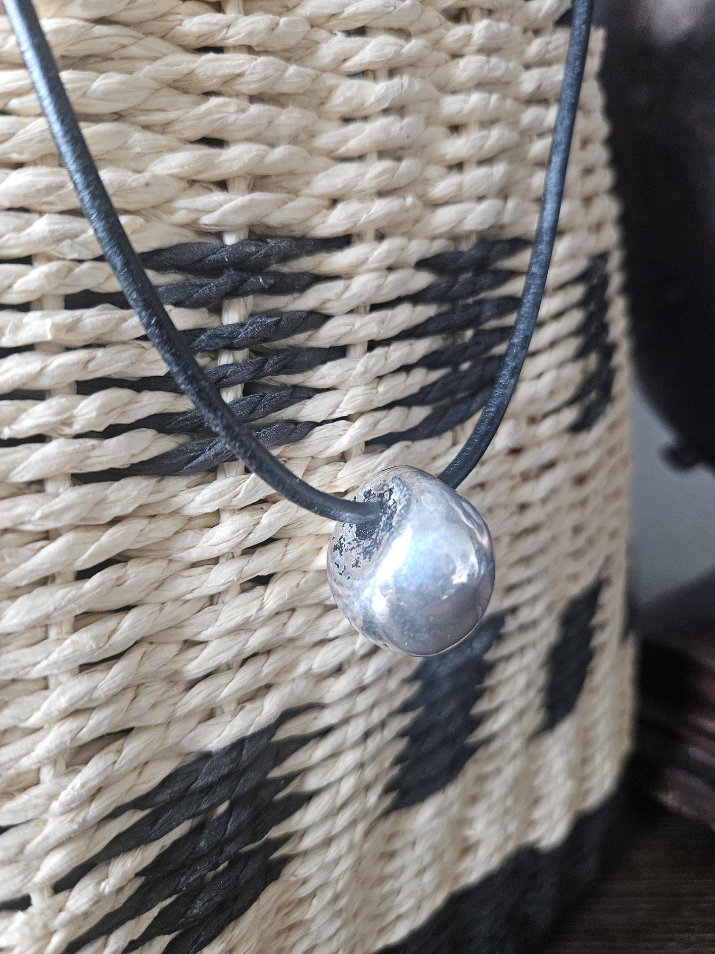 Silver Pendant Necklace: Black Leather, Handmade Ceramic Bead