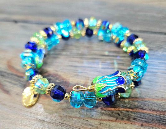 Flower Bracelet Stretch Beaded Floral Jewelry: Turquoise Blue Aqua Gold