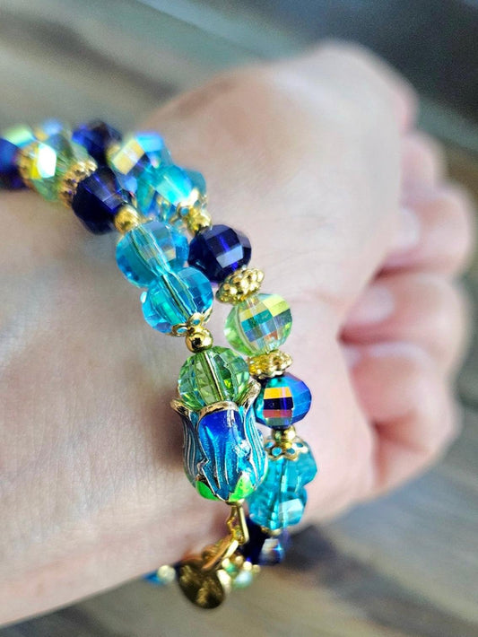 Flower Bracelet Stretch Beaded Floral Jewelry: Turquoise Blue Aqua Gold