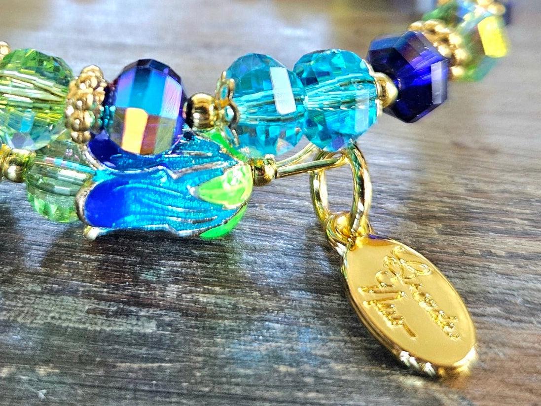 Flower Bracelet Stretch Beaded Floral Jewelry: Turquoise Blue Aqua Gold