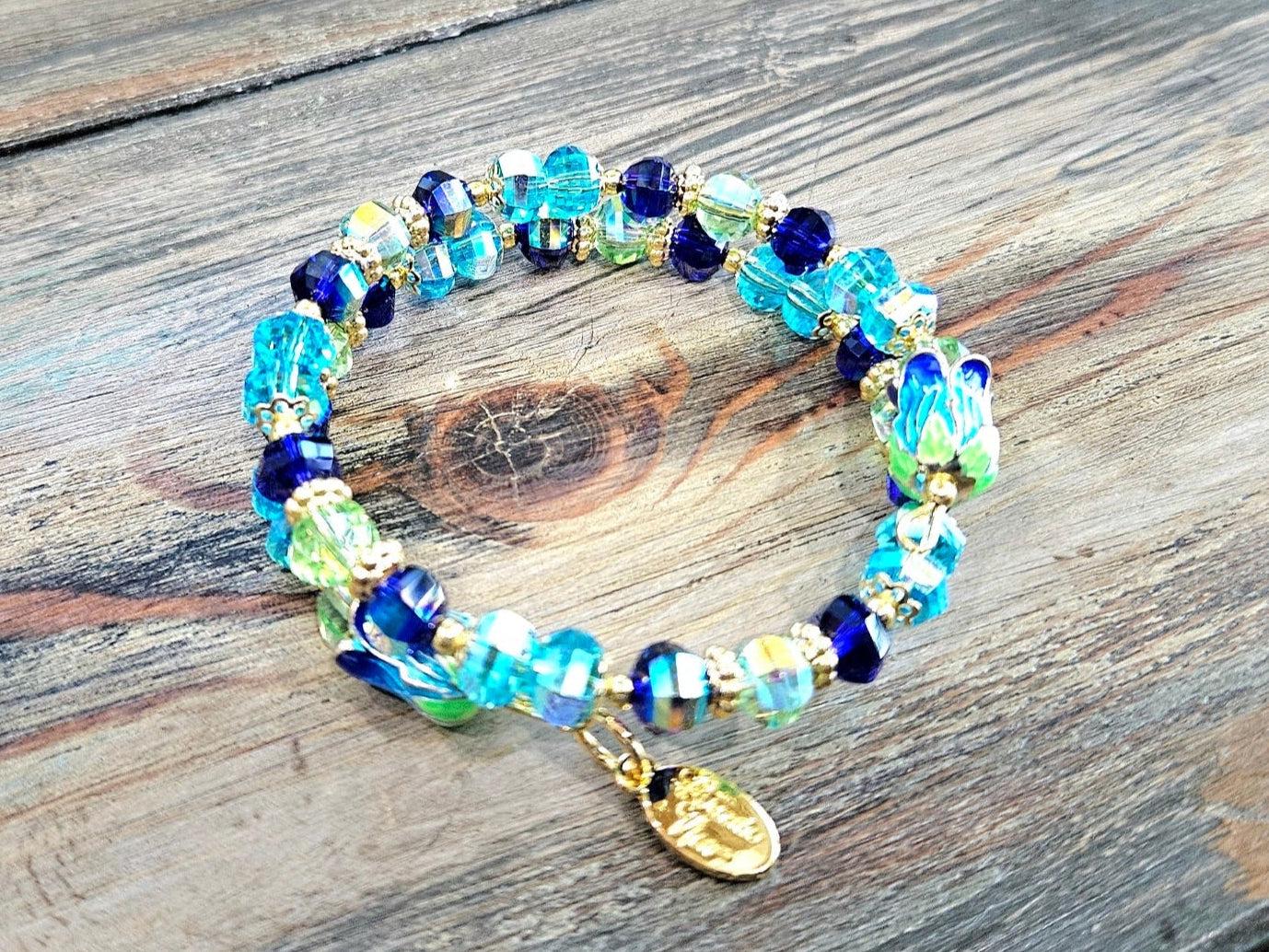 Flower Bracelet Stretch Beaded Floral Jewelry: Turquoise Blue Aqua Gold