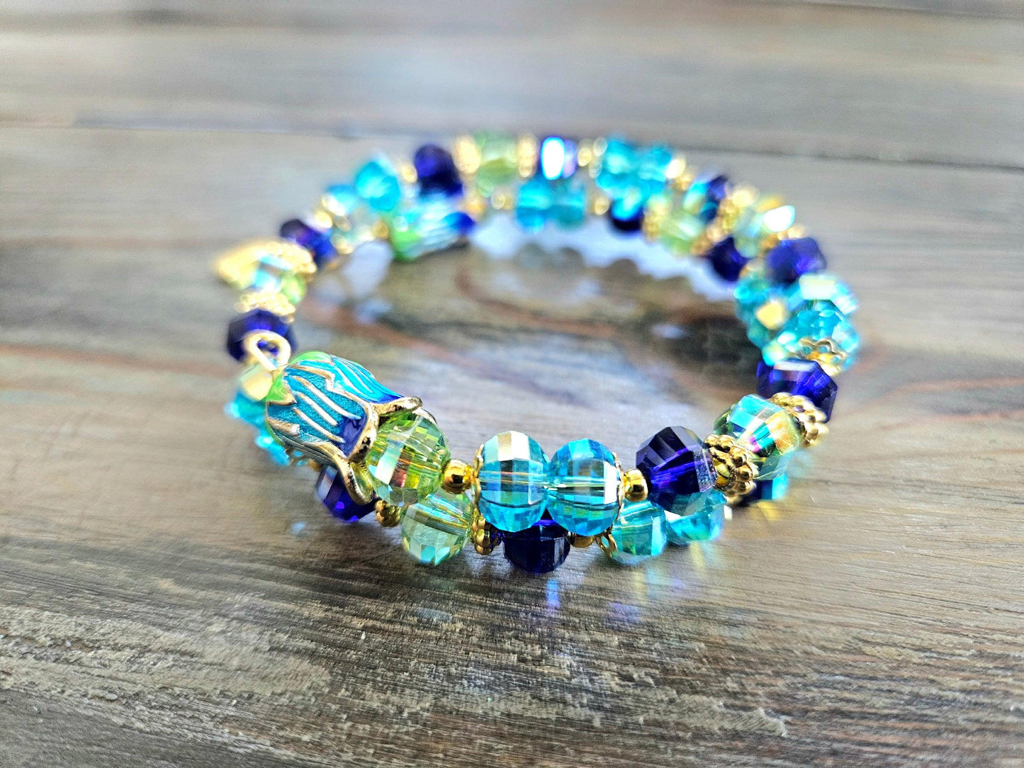 Flower Bracelet Stretch Beaded Floral Jewelry: Turquoise Blue Aqua Gold