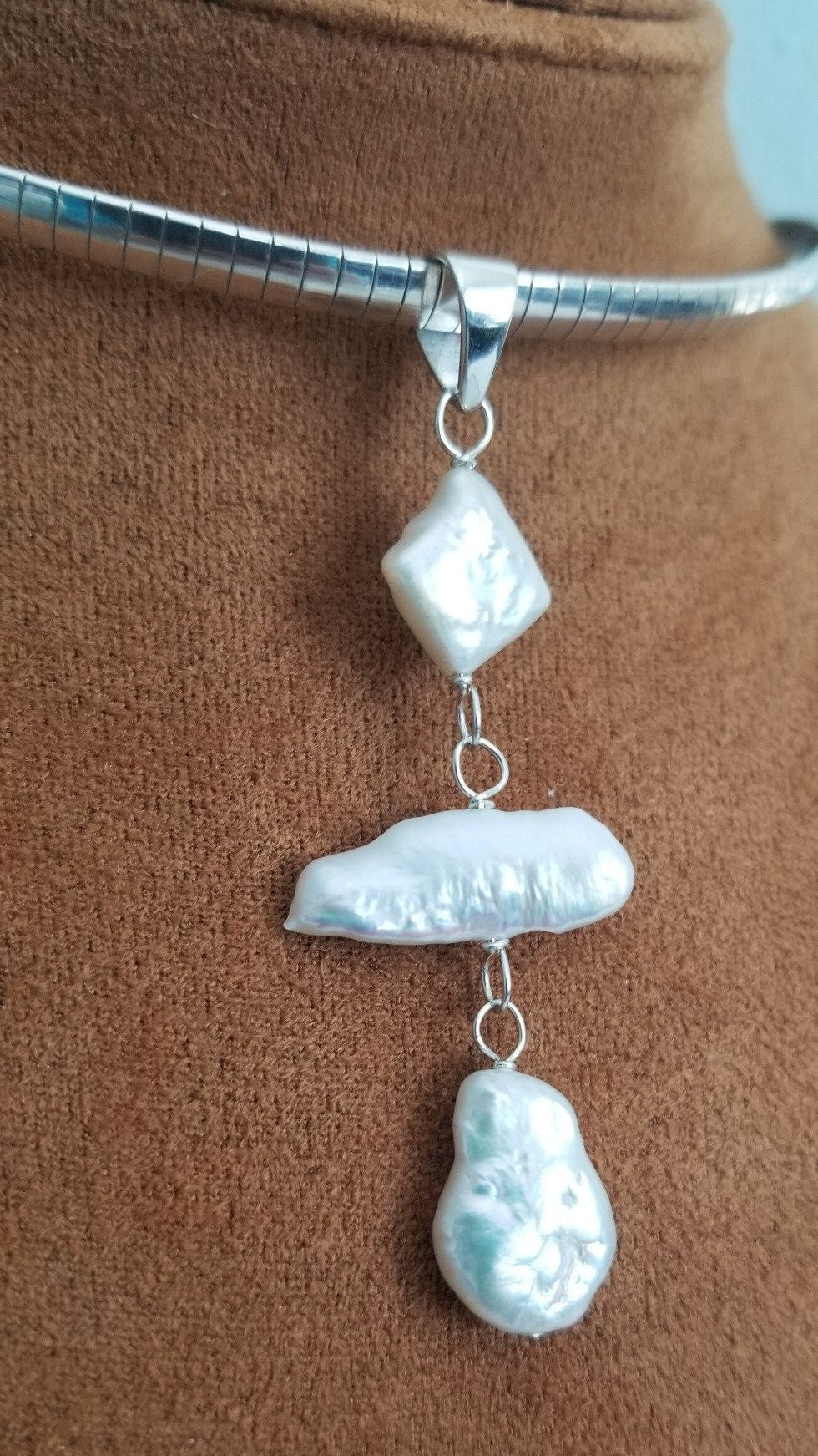 Freshwater Pearl Pendant Necklace: Sterling Silver Y Drop, Handmade