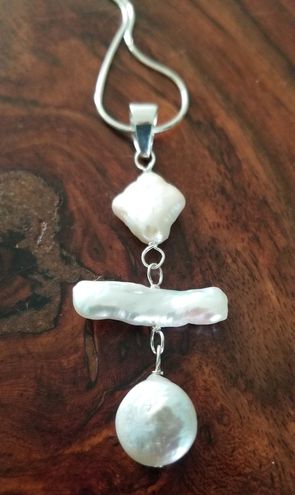 Freshwater Pearl Pendant Necklace: Sterling Silver Y Drop, Handmade