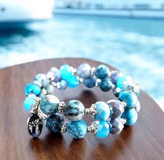 Beach Bracelet Turquoise Beaded Stretch Bracelet: Picasso Jasper, Silver Memory Wire