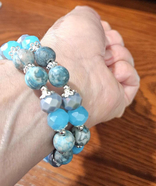 Beach Bracelet Turquoise Beaded Stretch Bracelet: Picasso Jasper, Silver Memory Wire