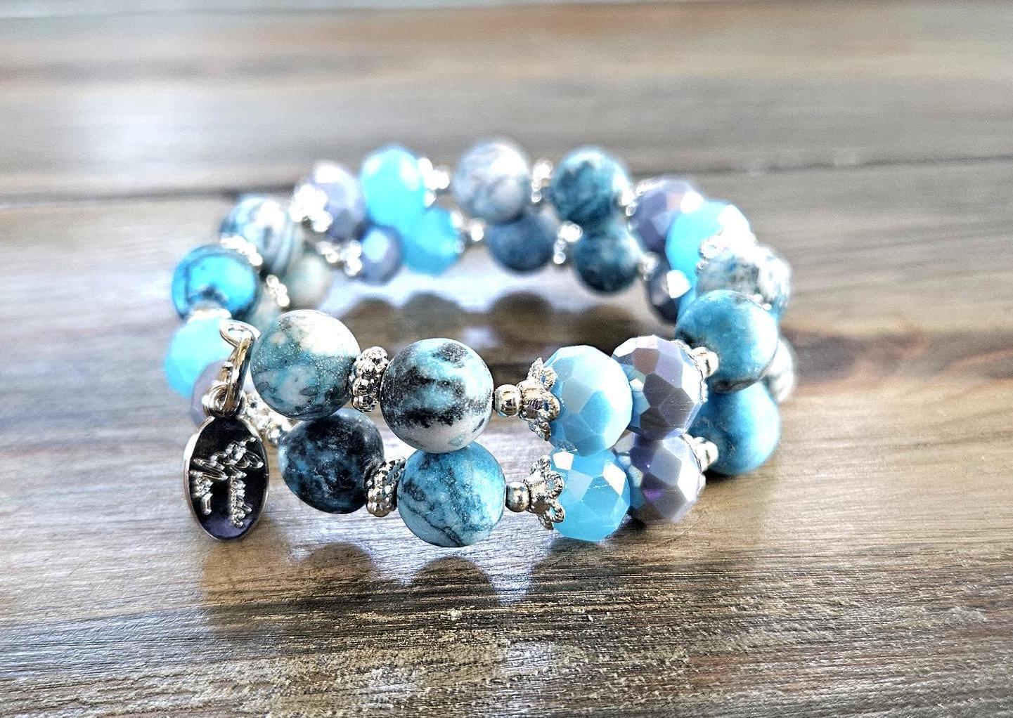 Beach Bracelet Turquoise Beaded Stretch Bracelet: Picasso Jasper, Silver Memory Wire