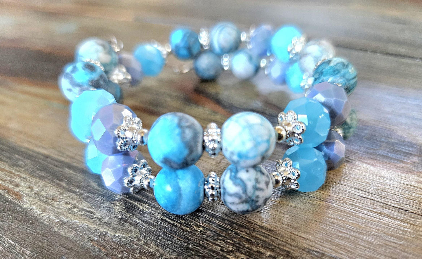 Beach Bracelet Turquoise Beaded Stretch Bracelet: Picasso Jasper, Silver Memory Wire
