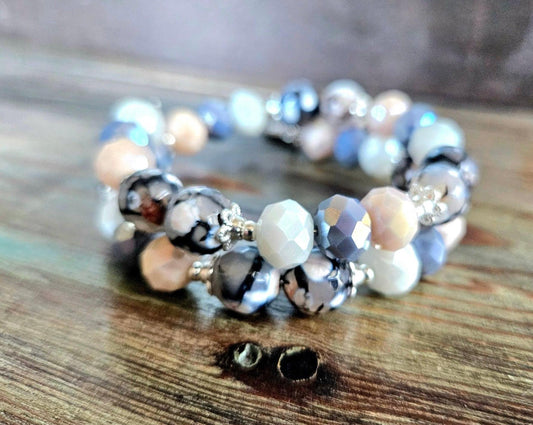 Gemstone Beaded Bracelet Agate Stretch Memory Wire Gray White Beige Handmade Women's Gift
