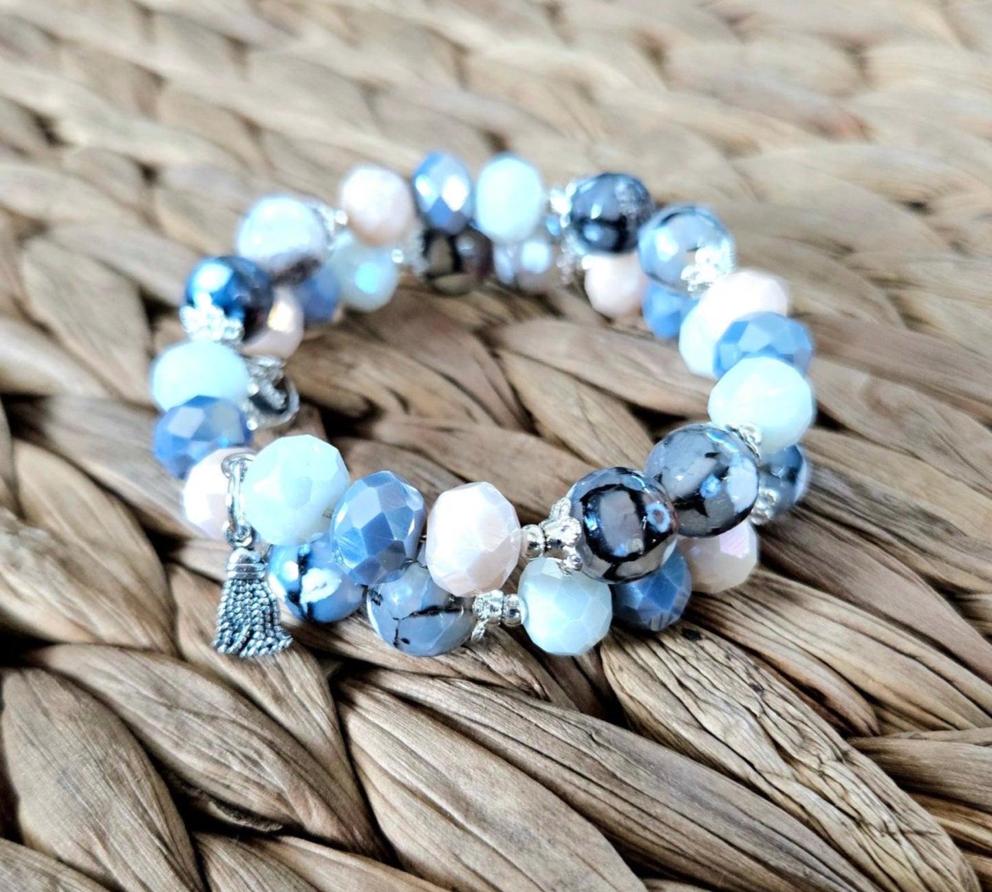 Gemstone Beaded Bracelet Agate Stretch Memory Wire Gray White Beige Handmade Women's Gift
