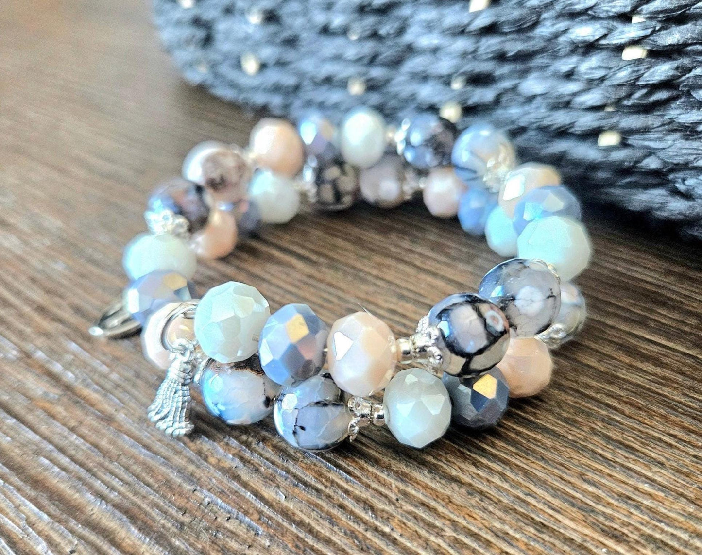 Gemstone Beaded Bracelet Agate Stretch Memory Wire Gray White Beige Handmade Women's Gift
