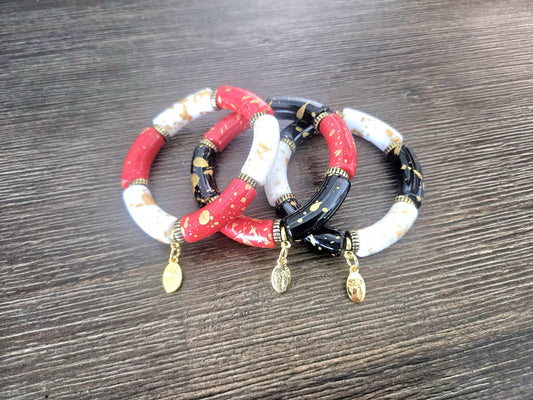 Cabana Bracelet Stack Handmade Beaded Gold Red White Black: Christmas Gift