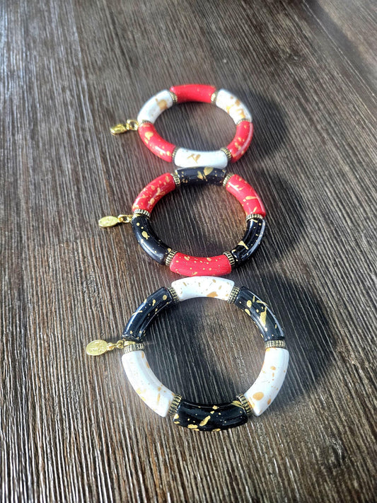 Cabana Bracelet Stack Handmade Beaded Gold Red White Black: Christmas Gift