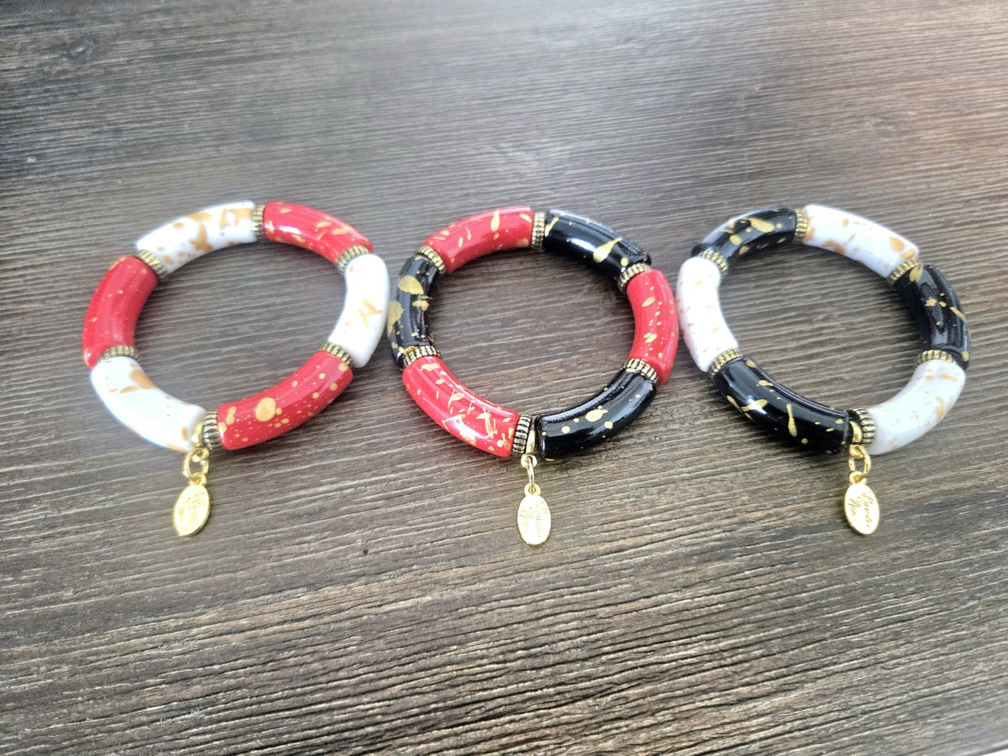 Cabana Bracelet Stack Handmade Beaded Gold Red White Black: Christmas Gift