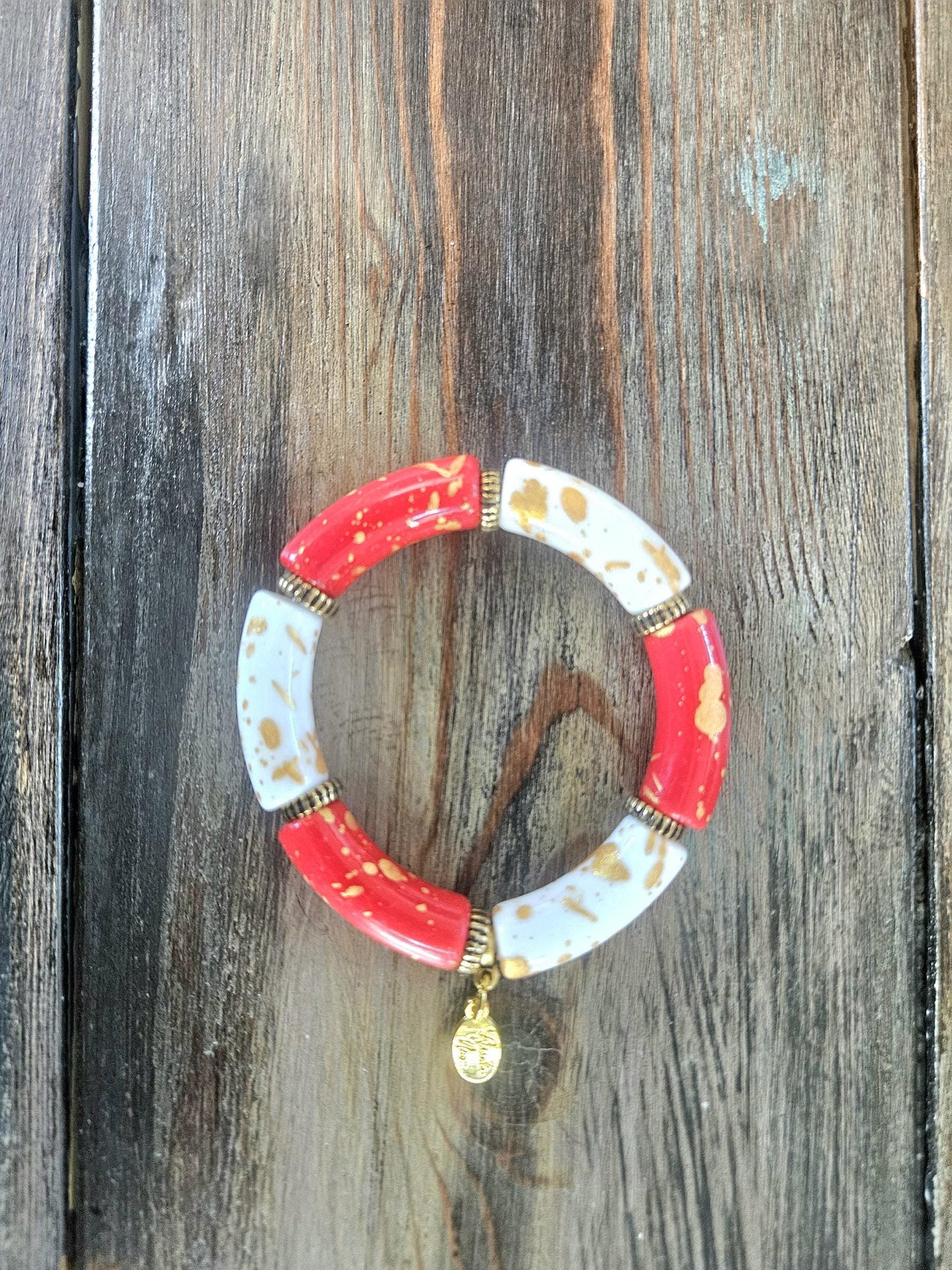 Cabana Bracelet Stack Handmade Beaded Gold Red White Black: Christmas Gift