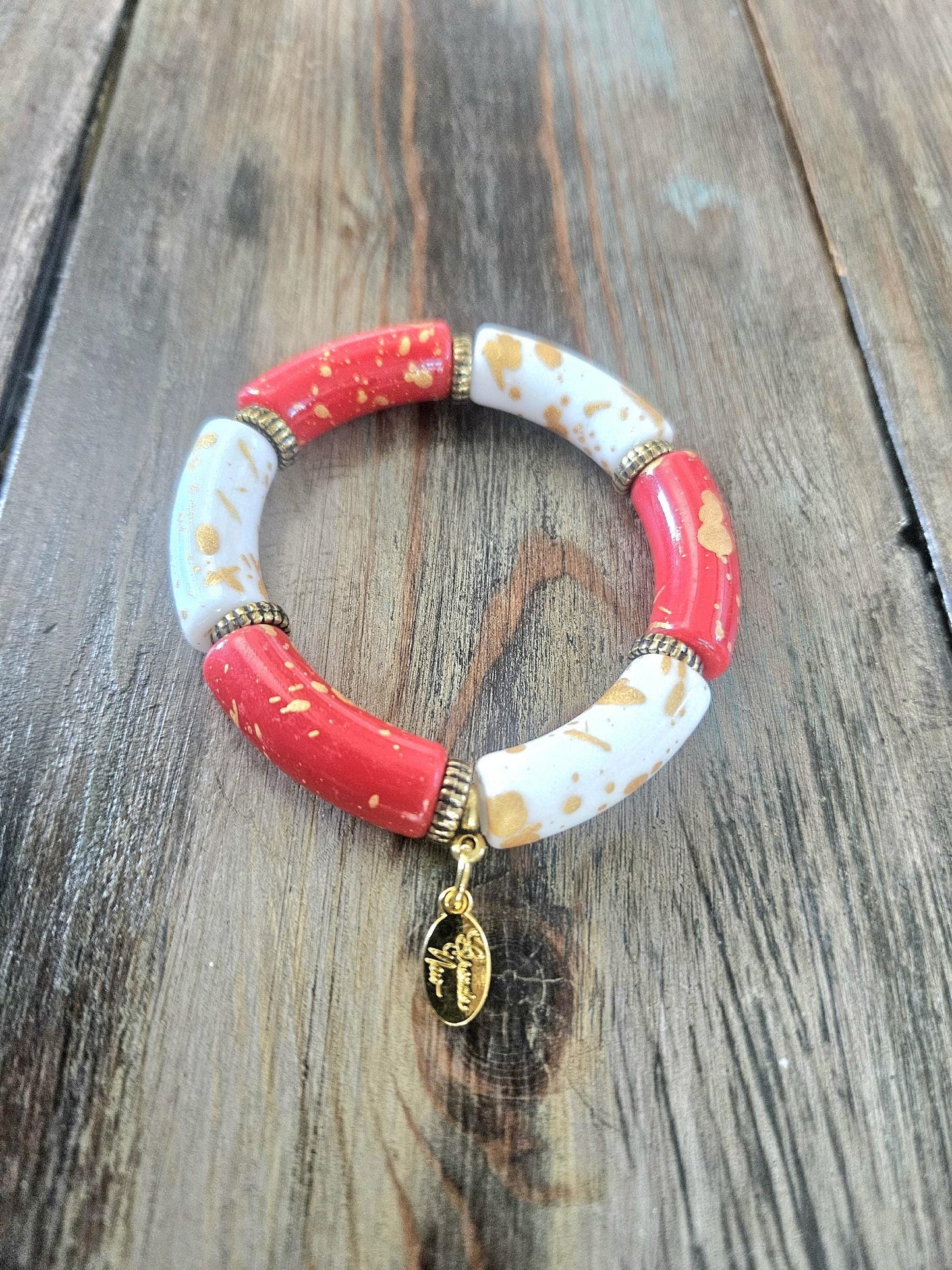 Cabana Bracelet Stack Handmade Beaded Gold Red White Black: Christmas Gift