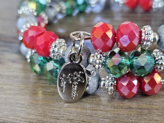 Christmas Bracelet Red Green Silver Handmade Beaded Stretch: Holiday Women's Gift For Her