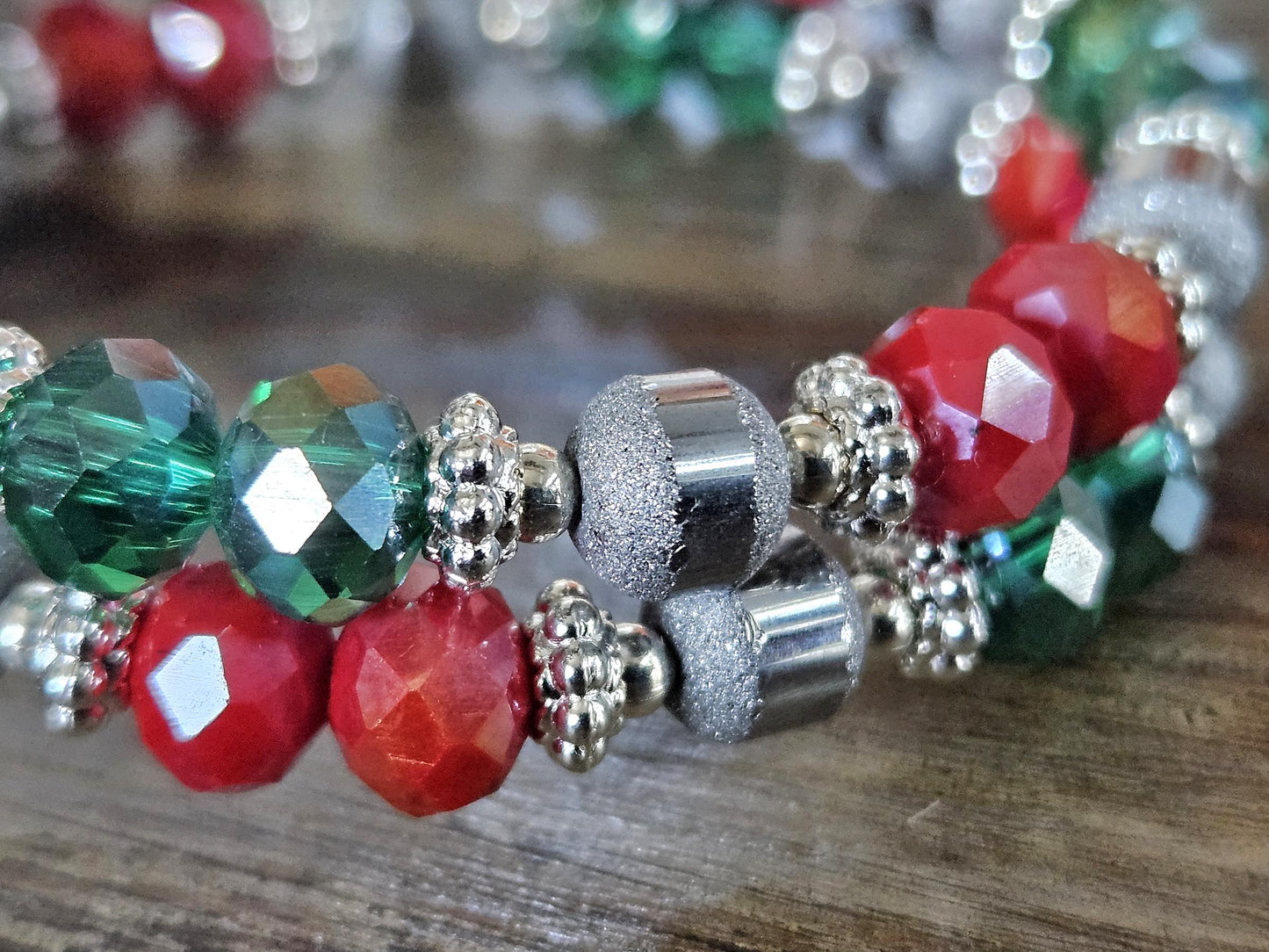 Christmas Bracelet Red Green Silver Handmade Beaded Stretch: Holiday Women's Gift For Her