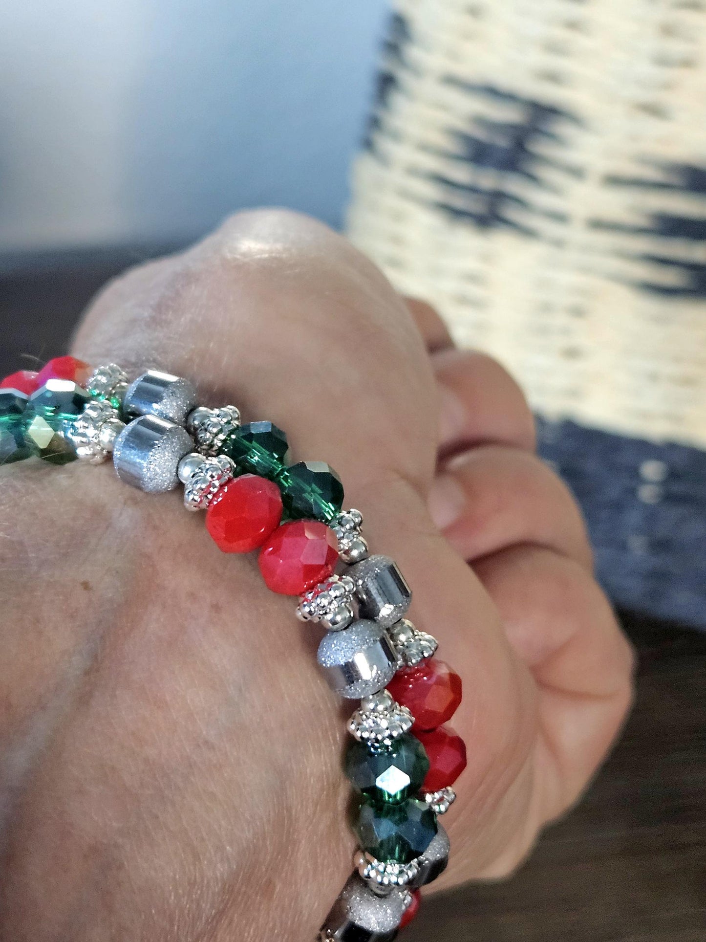 Christmas Bracelet Red Green Silver Handmade Beaded Stretch: Holiday Women's Gift For Her