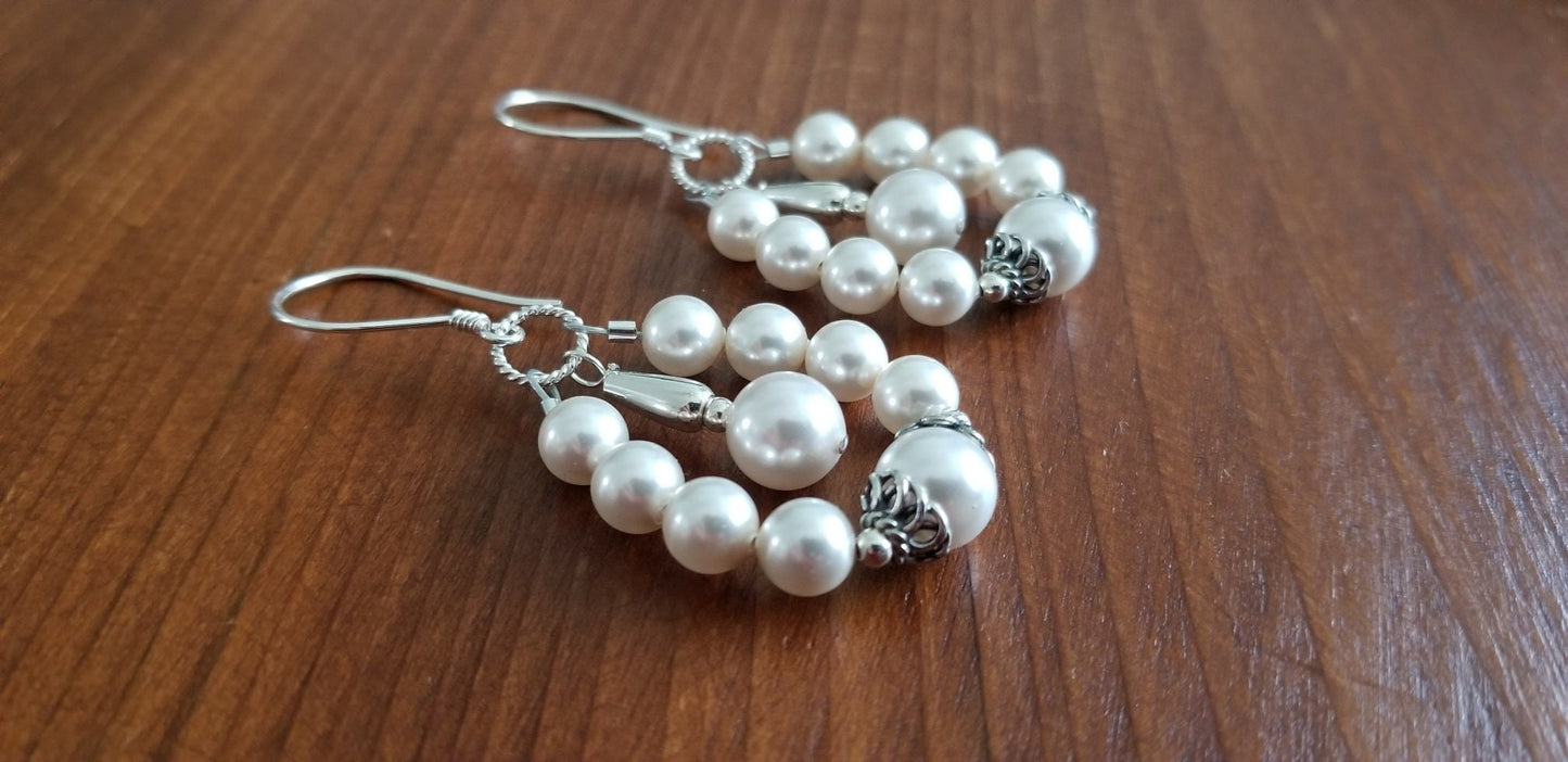 Pearl Chandelier Earrings: Sterling Silver Bali Beads, Bridal Jewelry
