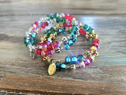 Christmas Bracelet Red Green Handmade Beaded: Women's Gift For Her Holiday Jewelry