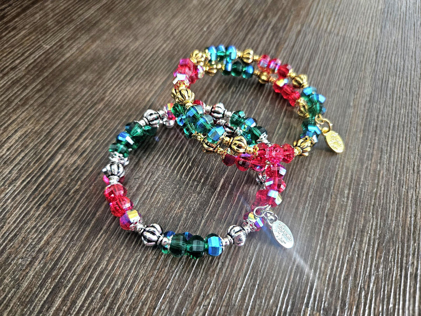 Christmas Bracelet Red Green Handmade Beaded: Women's Gift For Her Holiday Jewelry