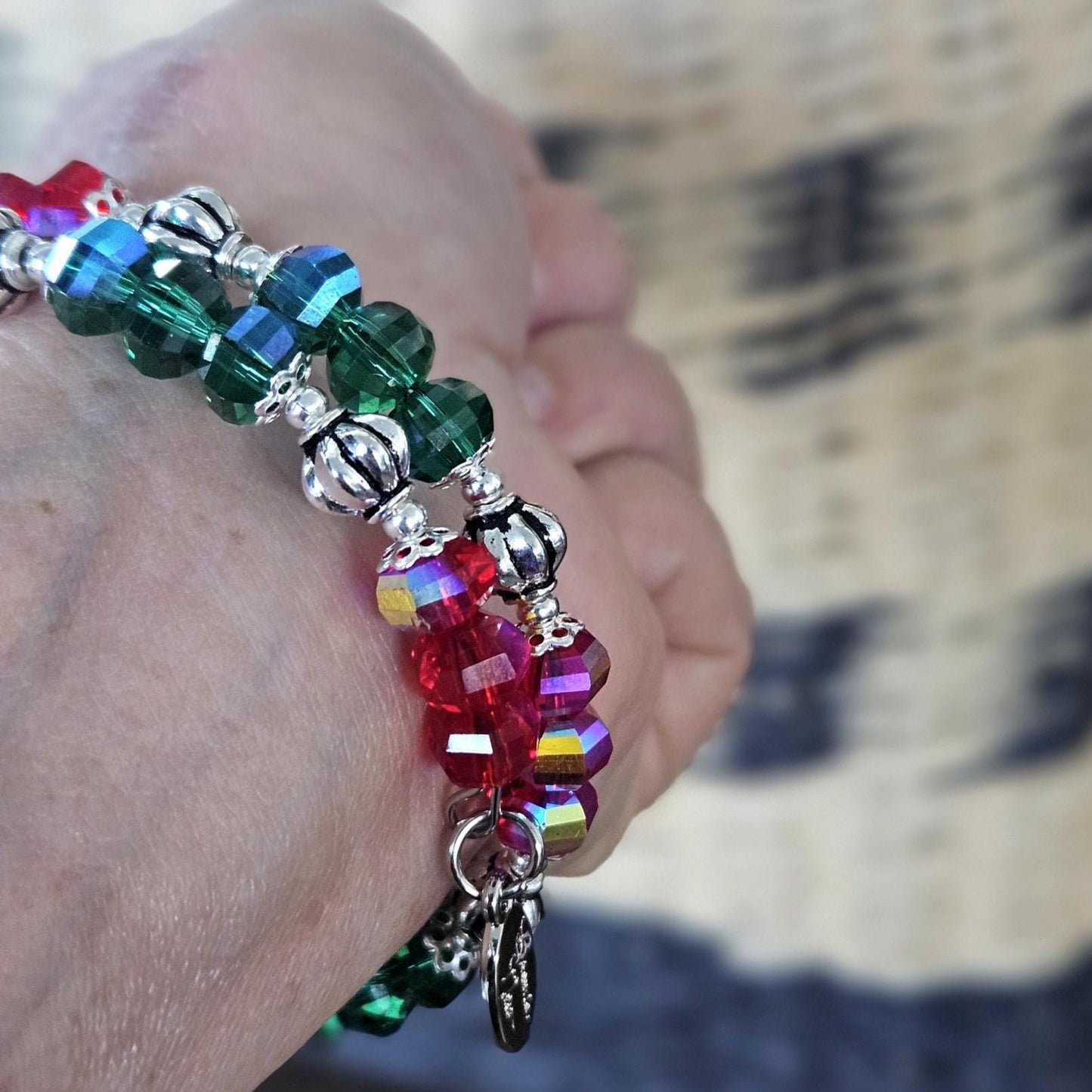 Christmas Bracelet Red Green Handmade Beaded: Women's Gift For Her Holiday Jewelry