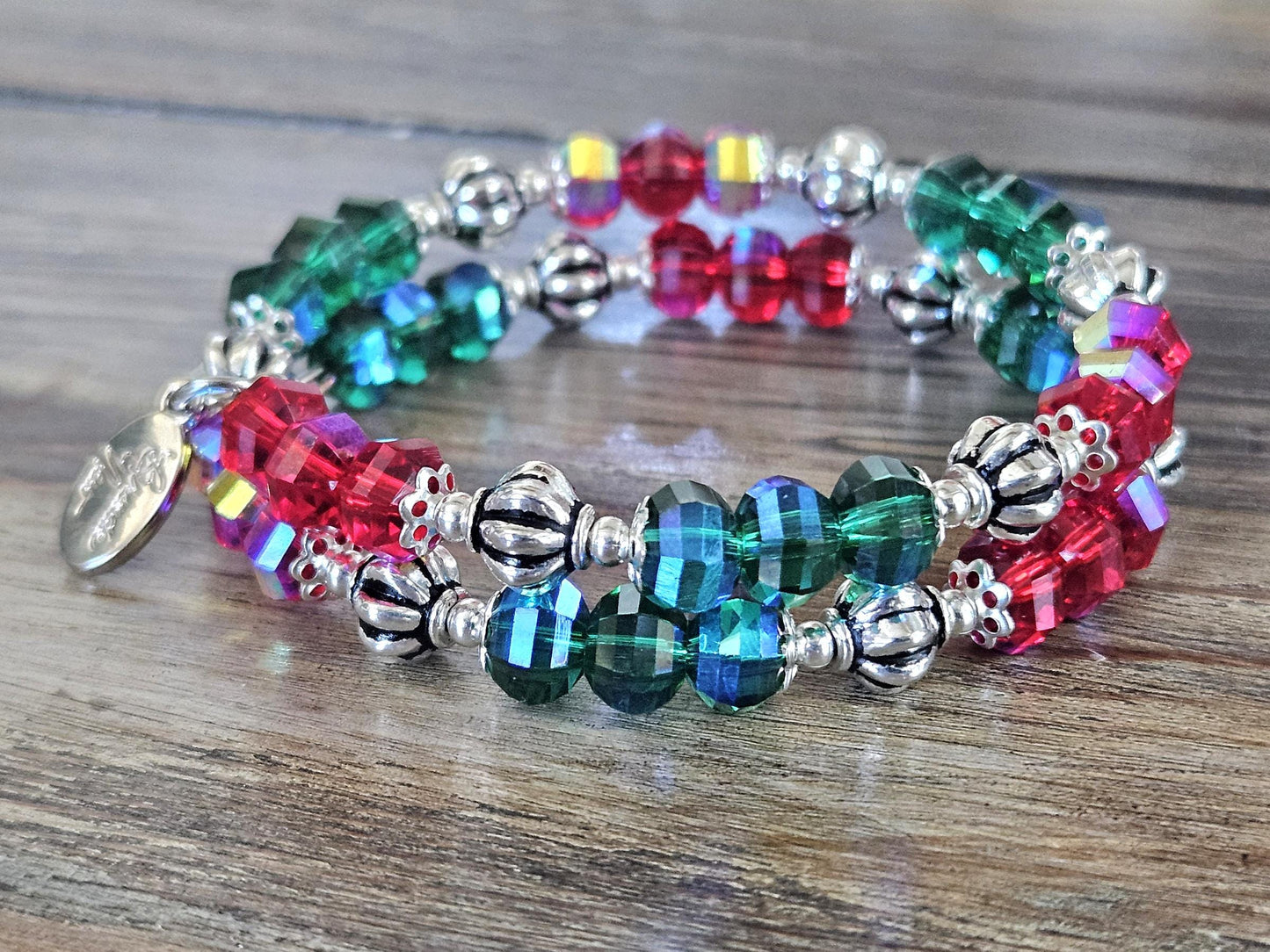 Christmas Bracelet Red Green Handmade Beaded: Women's Gift For Her Holiday Jewelry