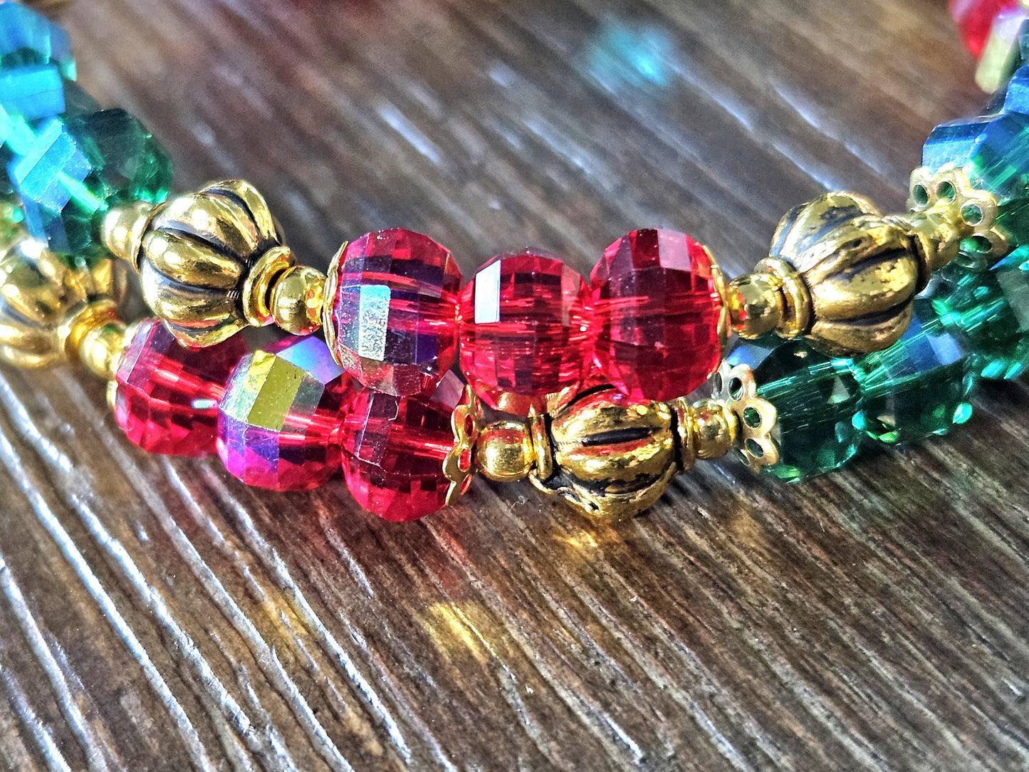Christmas Bracelet Red Green Handmade Beaded: Women's Gift For Her Holiday Jewelry