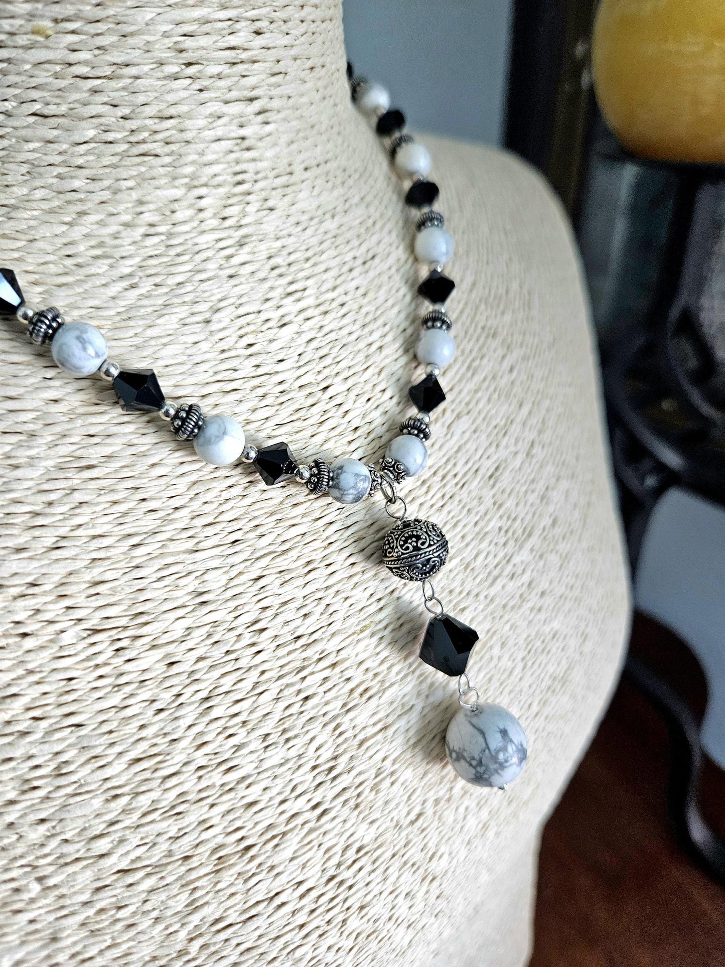Howlite Jewelry Set: Sterling Silver, Bali Accents, Swarovski Crystals