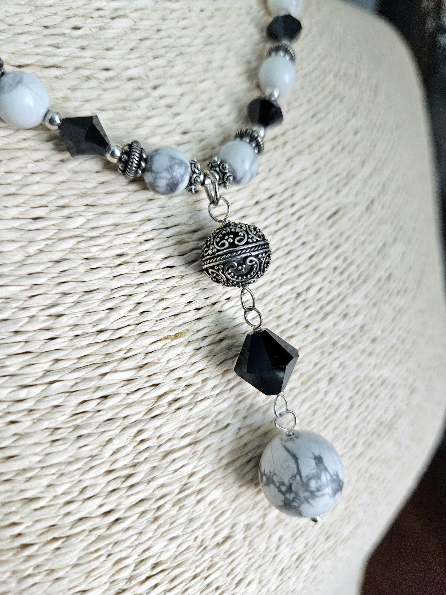 Howlite Jewelry Set: Sterling Silver, Bali Accents, Swarovski Crystals