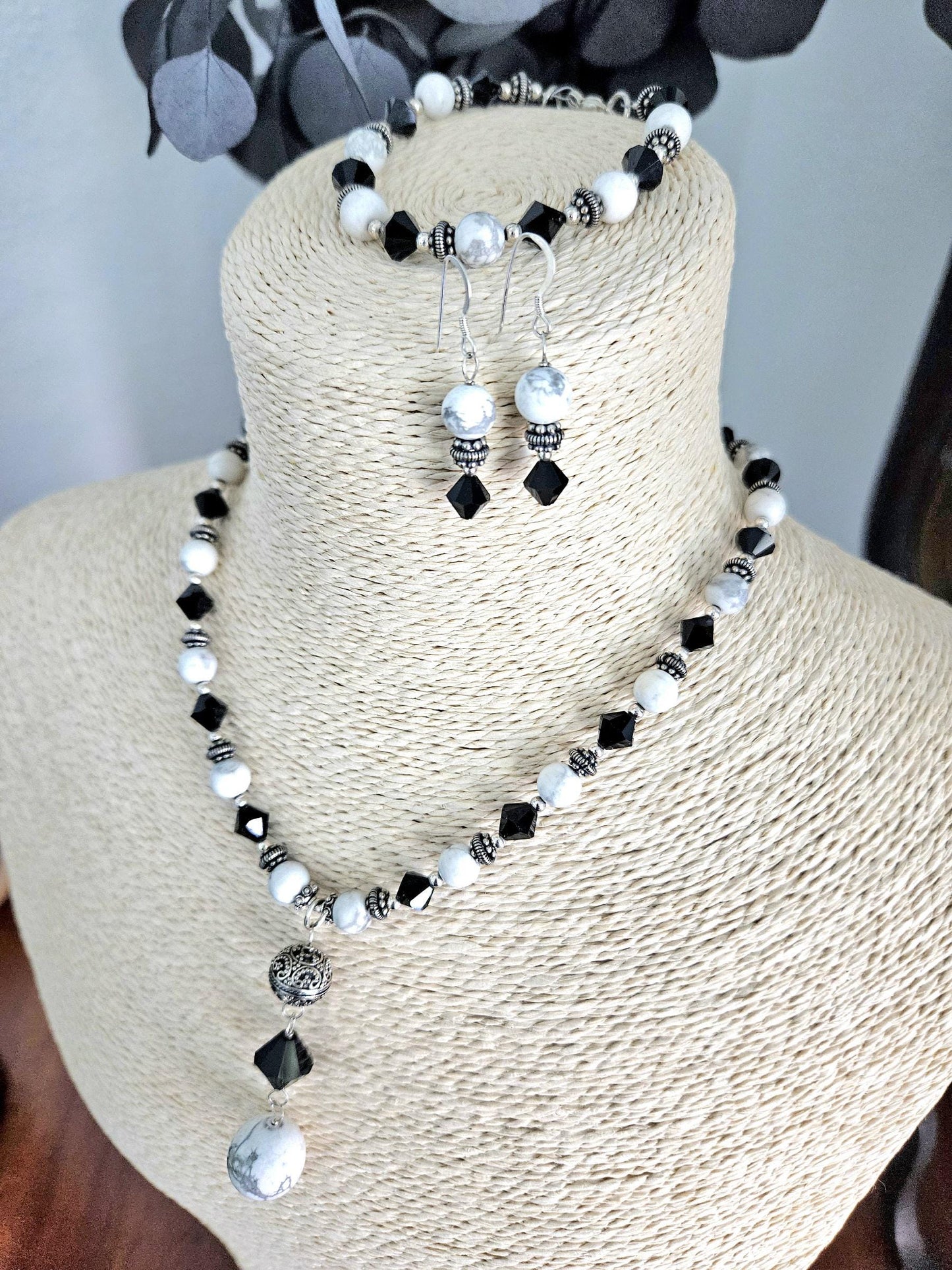 Howlite Jewelry Set: Sterling Silver, Bali Accents, Swarovski Crystals