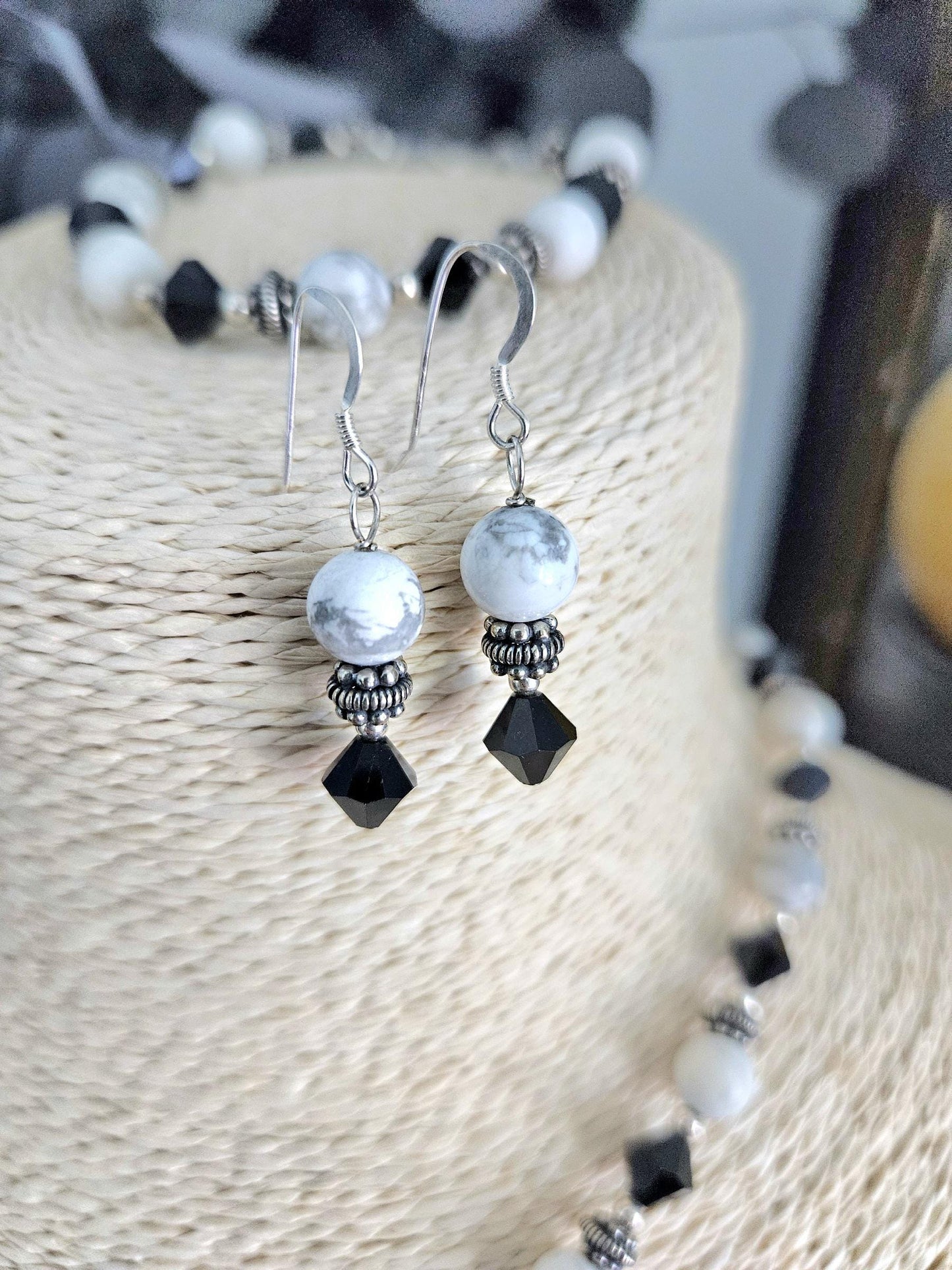 Howlite Jewelry Set: Sterling Silver, Bali Accents, Swarovski Crystals