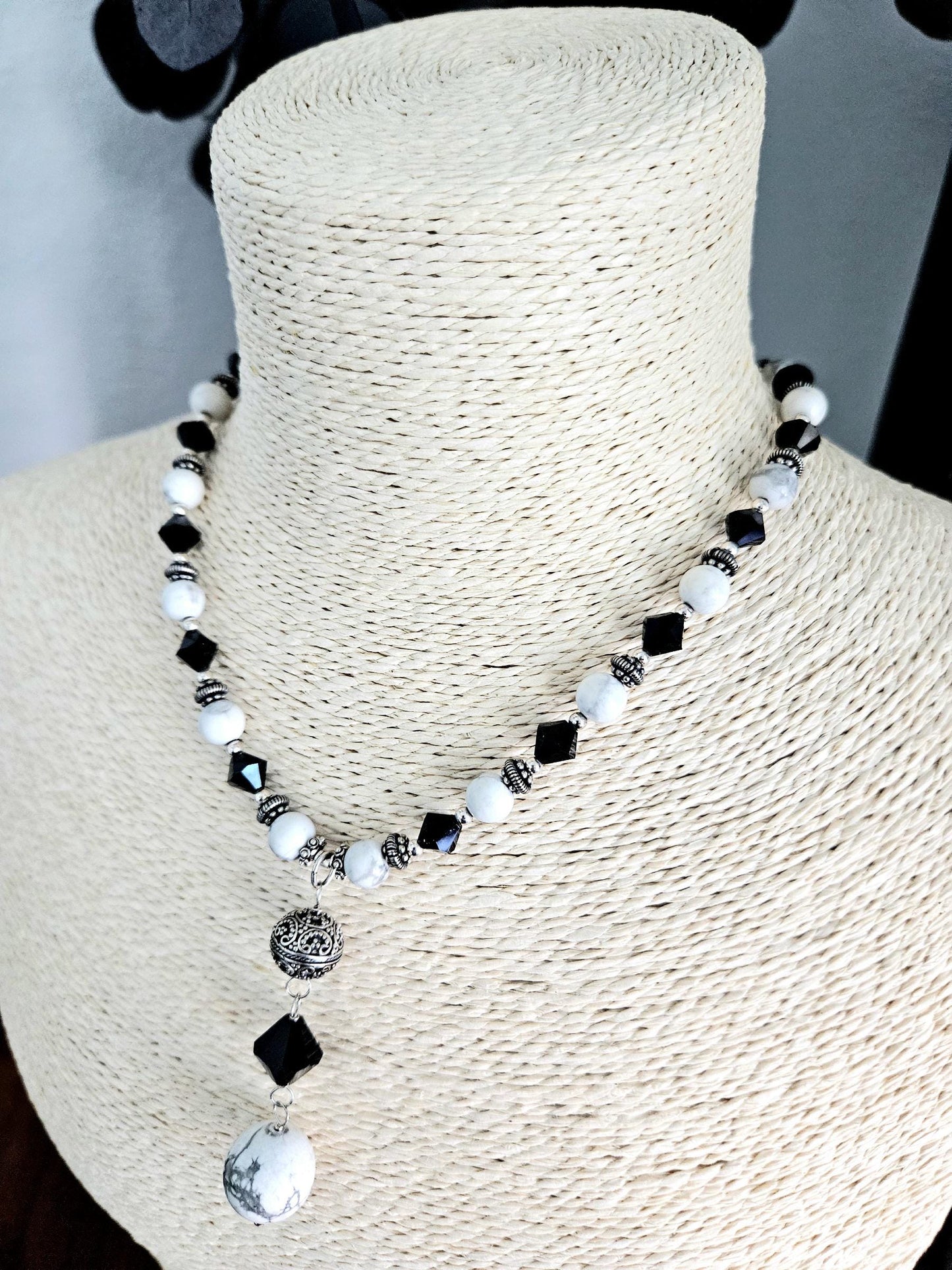 Howlite Jewelry Set: Sterling Silver, Bali Accents, Swarovski Crystals