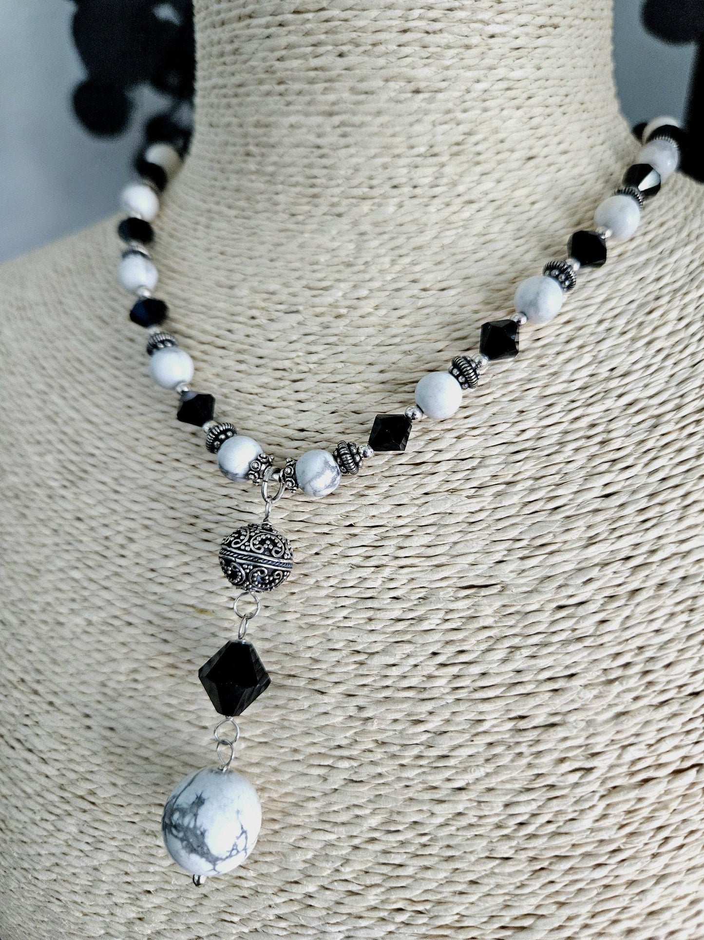 Howlite Jewelry Set: Sterling Silver, Bali Accents, Swarovski Crystals
