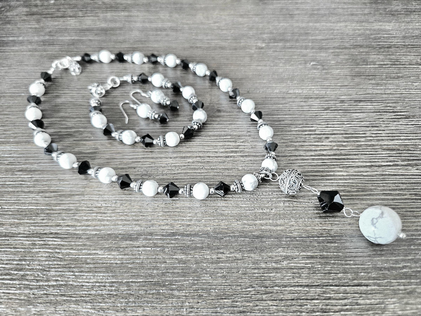 Howlite Jewelry Set: Sterling Silver, Bali Accents, Swarovski Crystals