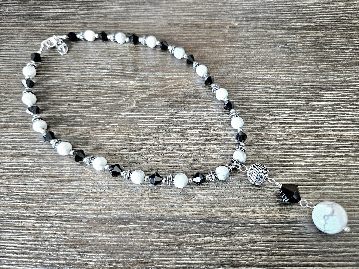 Howlite Jewelry Set: Sterling Silver, Bali Accents, Swarovski Crystals