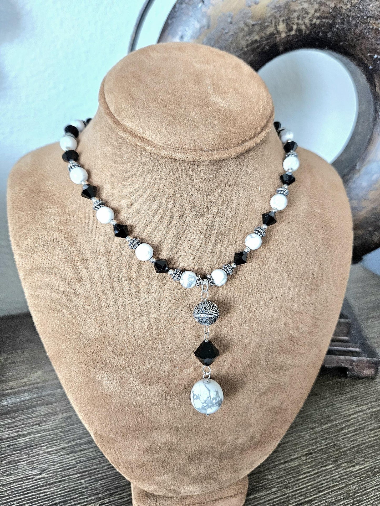 Howlite Jewelry Set: Sterling Silver, Bali Accents, Swarovski Crystals
