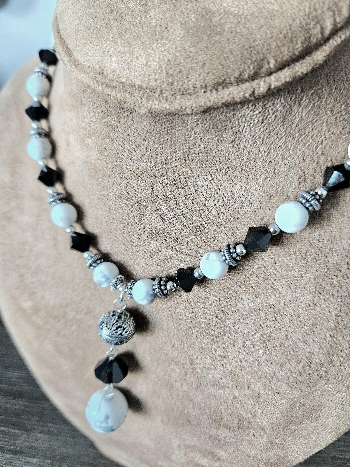 Howlite Jewelry Set: Sterling Silver, Bali Accents, Swarovski Crystals