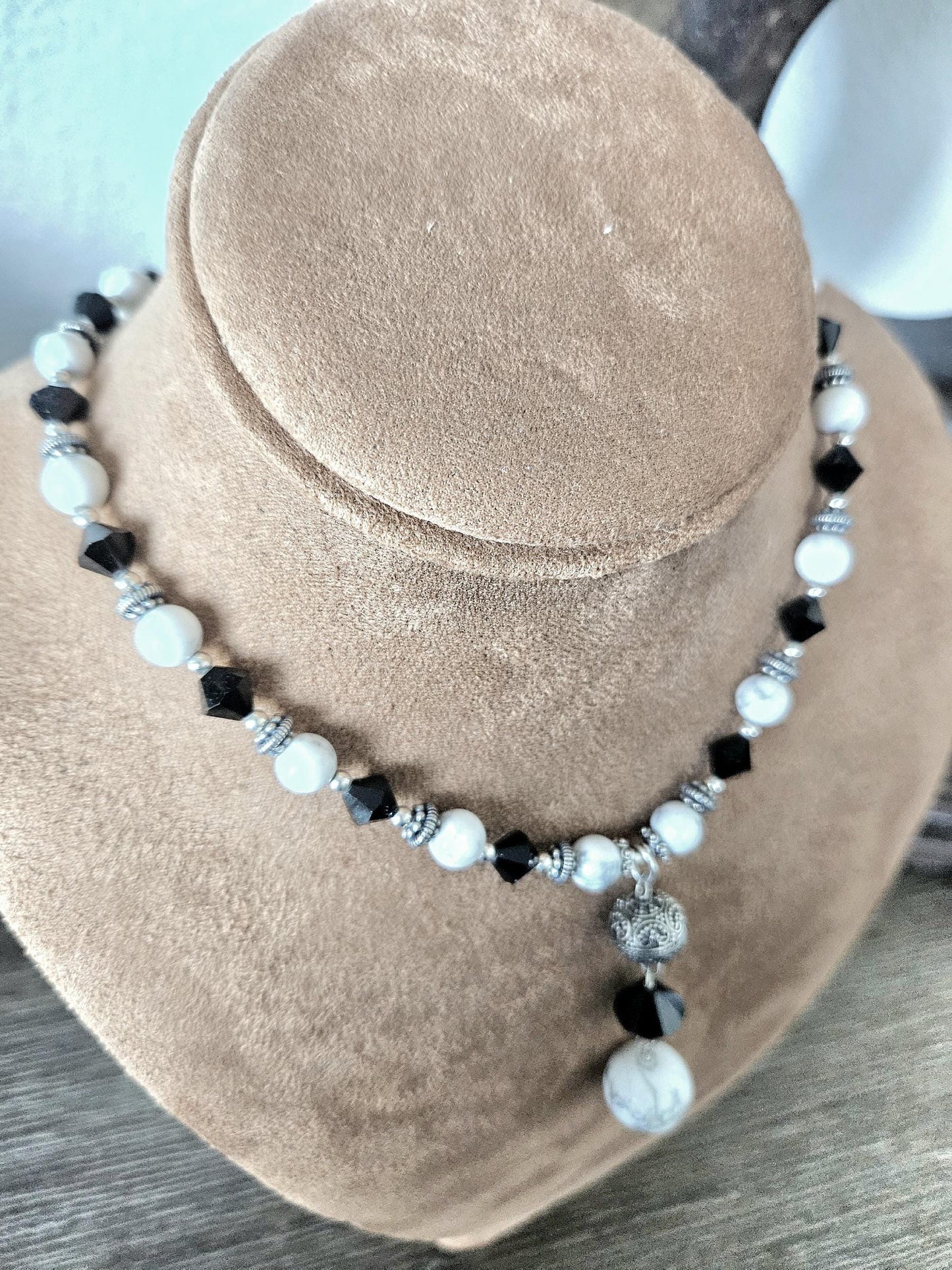 Howlite Jewelry Set: Sterling Silver, Bali Accents, Swarovski Crystals