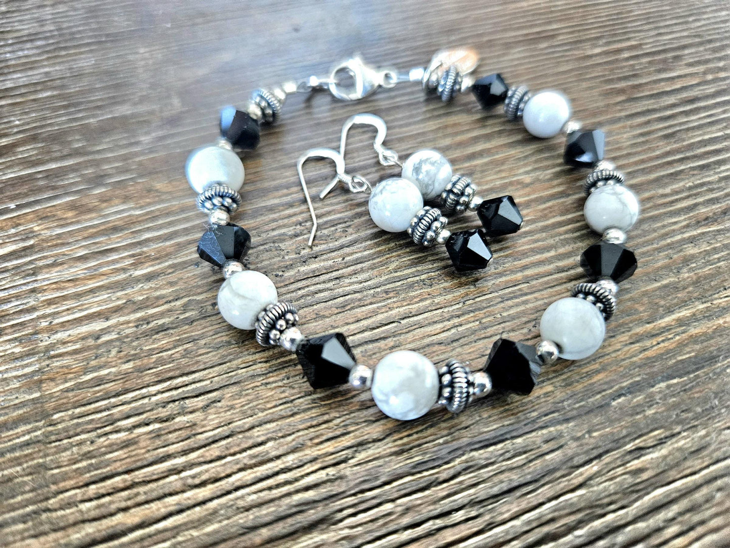 Howlite Jewelry Set: Sterling Silver, Bali Accents, Swarovski Crystals