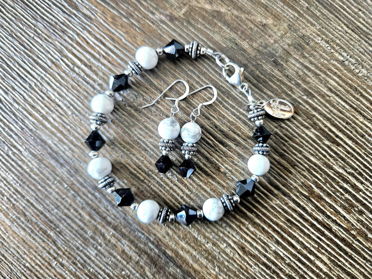 Howlite Jewelry Set: Sterling Silver, Bali Accents, Swarovski Crystals