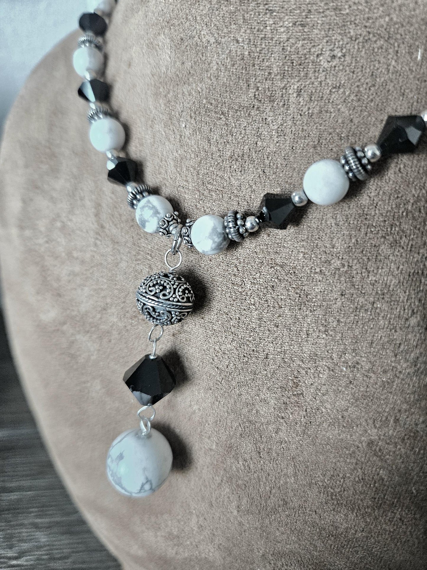 Howlite Jewelry Set: Sterling Silver, Bali Accents, Swarovski Crystals