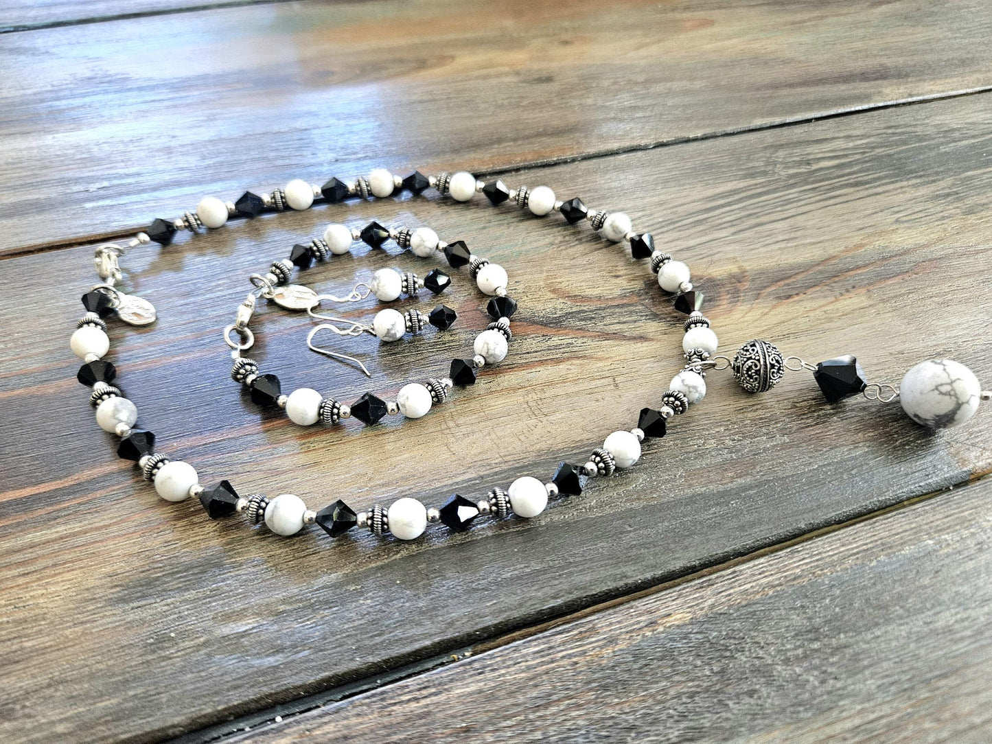 Howlite Jewelry Set: Sterling Silver, Bali Accents, Swarovski Crystals