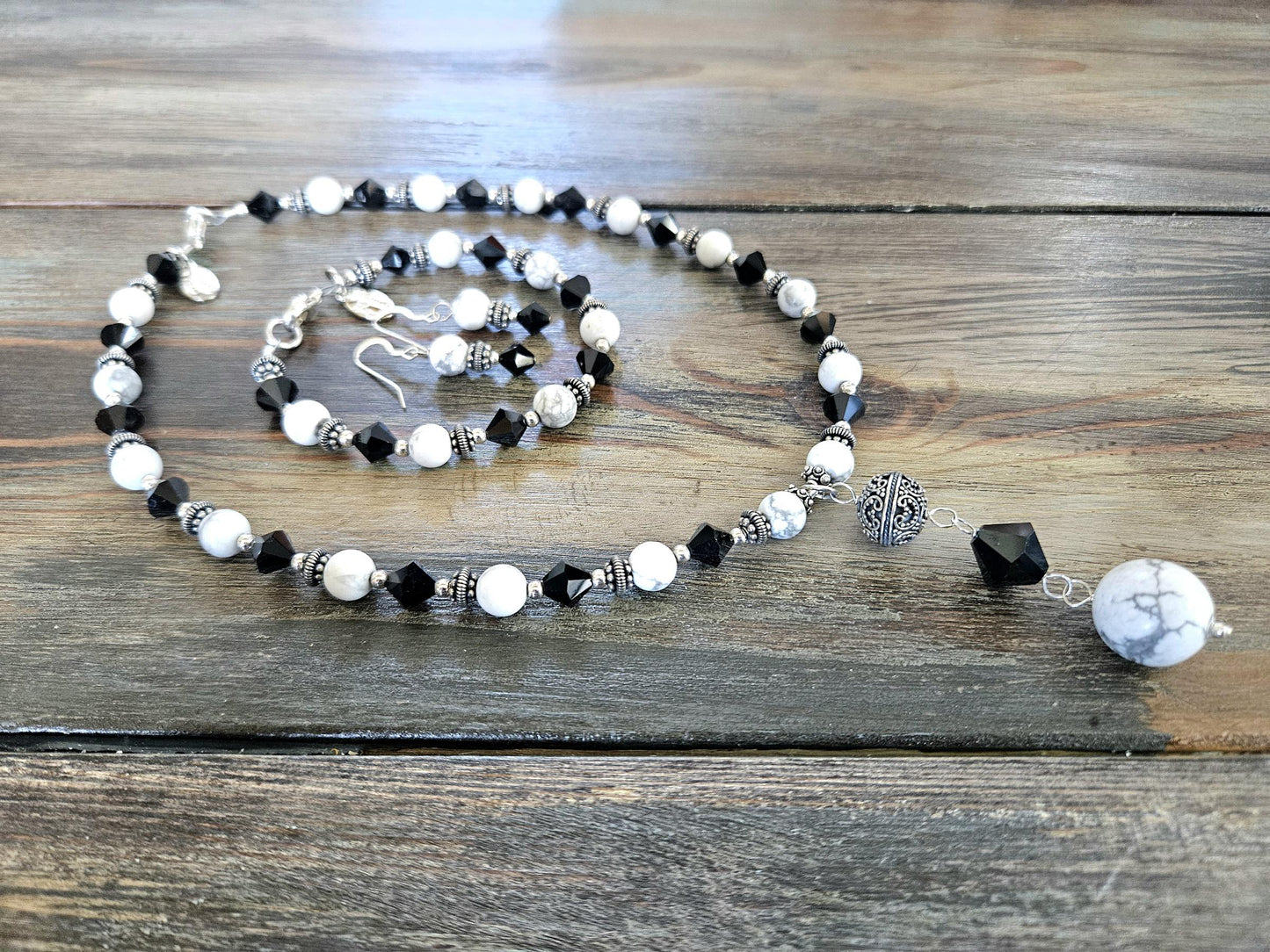 Howlite Jewelry Set: Sterling Silver, Bali Accents, Swarovski Crystals
