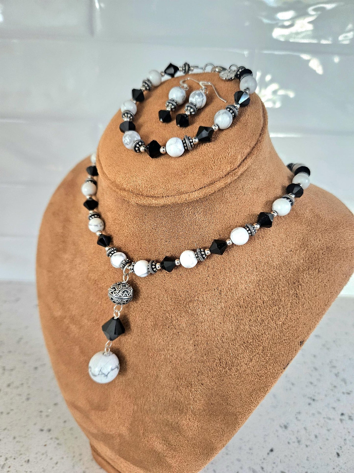Howlite Jewelry Set: Sterling Silver, Bali Accents, Swarovski Crystals