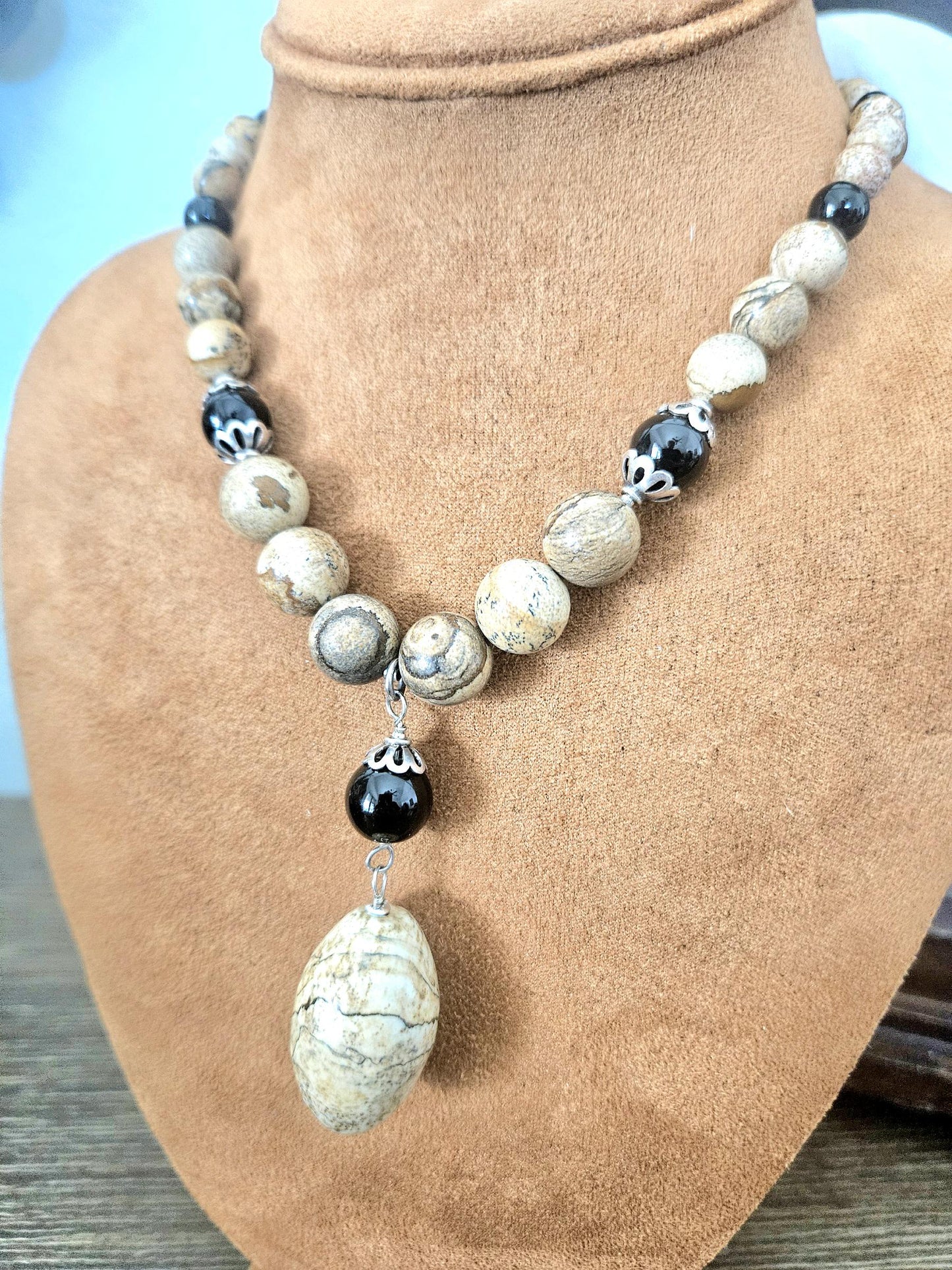 Gemstone Statement Necklace Jasper Black Onyx Sterling Silver: Matching Jewelry Set, Necklace and Earrings