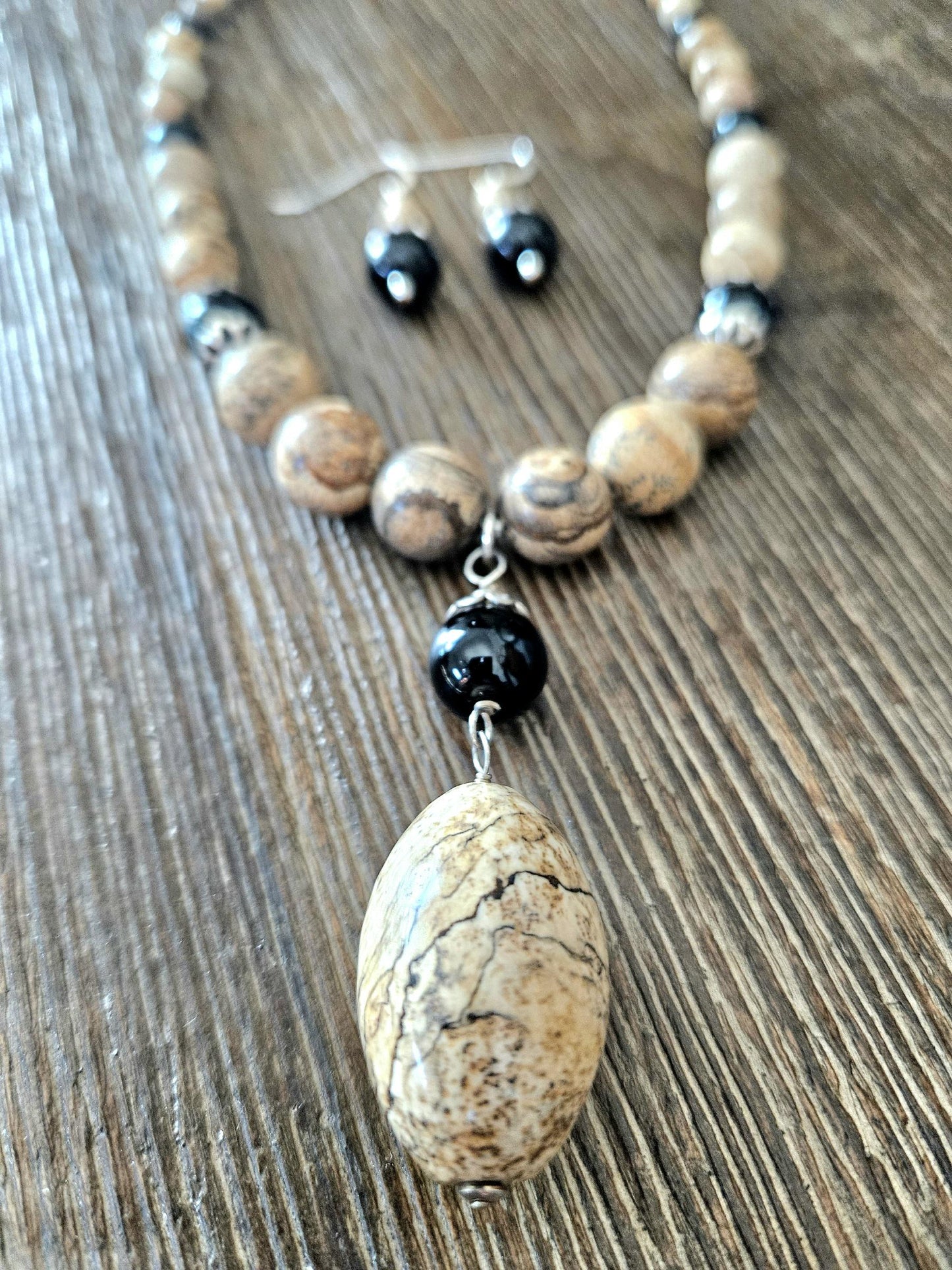 Gemstone Statement Necklace Jasper Black Onyx Sterling Silver: Matching Jewelry Set, Necklace and Earrings