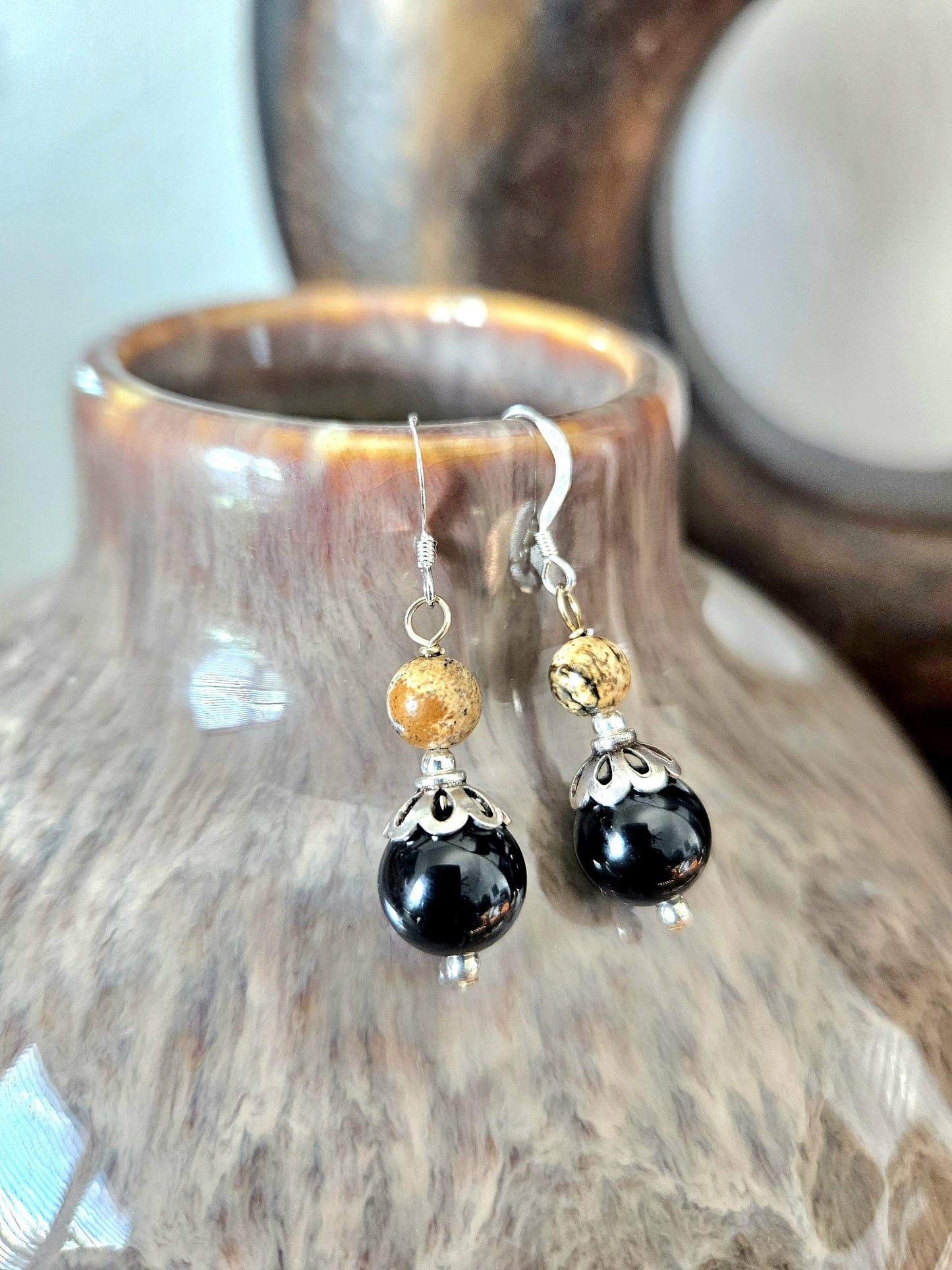 Gemstone Statement Necklace Jasper Black Onyx Sterling Silver: Matching Jewelry Set, Necklace and Earrings